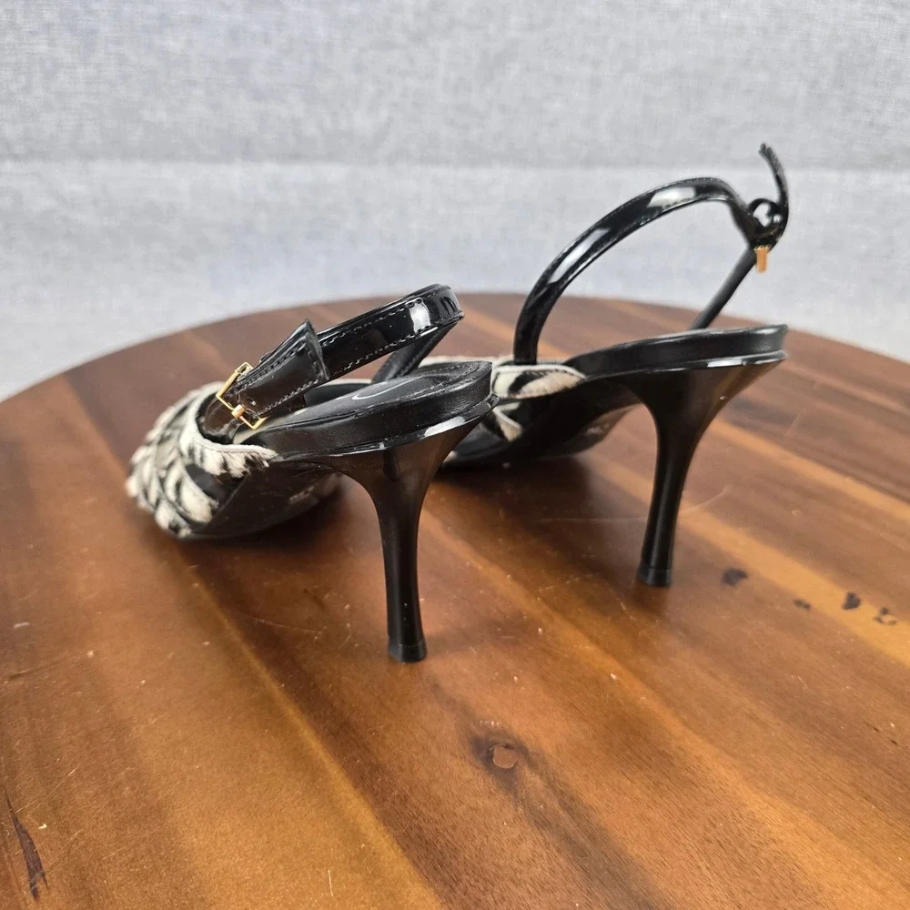 Calvin Klein Zebra Print Strappy Sandals Gold Square Toe Stiletto Heels 34E00014